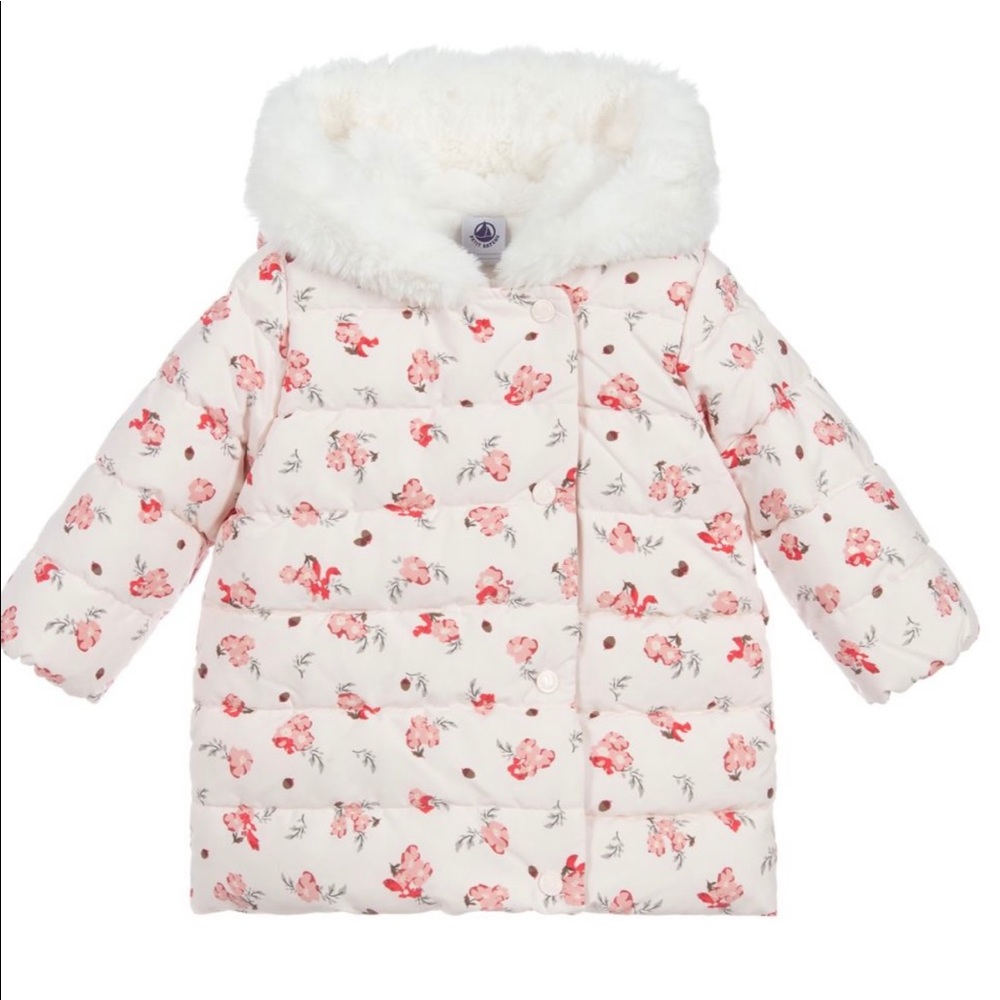 Petit Bateau Baby Girl Pink Floral Puffer Jacket- 12M